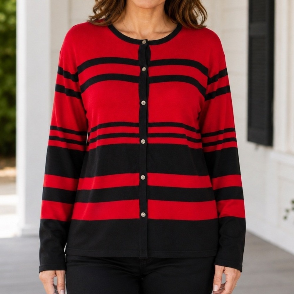 NWT Liz Baker Womens Red Black Striped Button Front Cardigan Sweater XL
